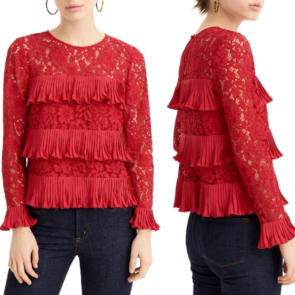 J.Crew festive red pleated lace long sleeve top